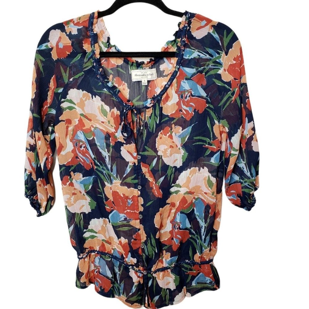 Abercrombie‎ & Fitch Womens Semi Sheer Multicolor Floral 3/4 Sleeve Top Size S
